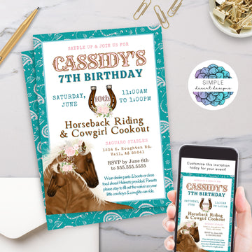 teal and blush pink horse theme birthday party invitaitons for horseback riding or country western birthday party
